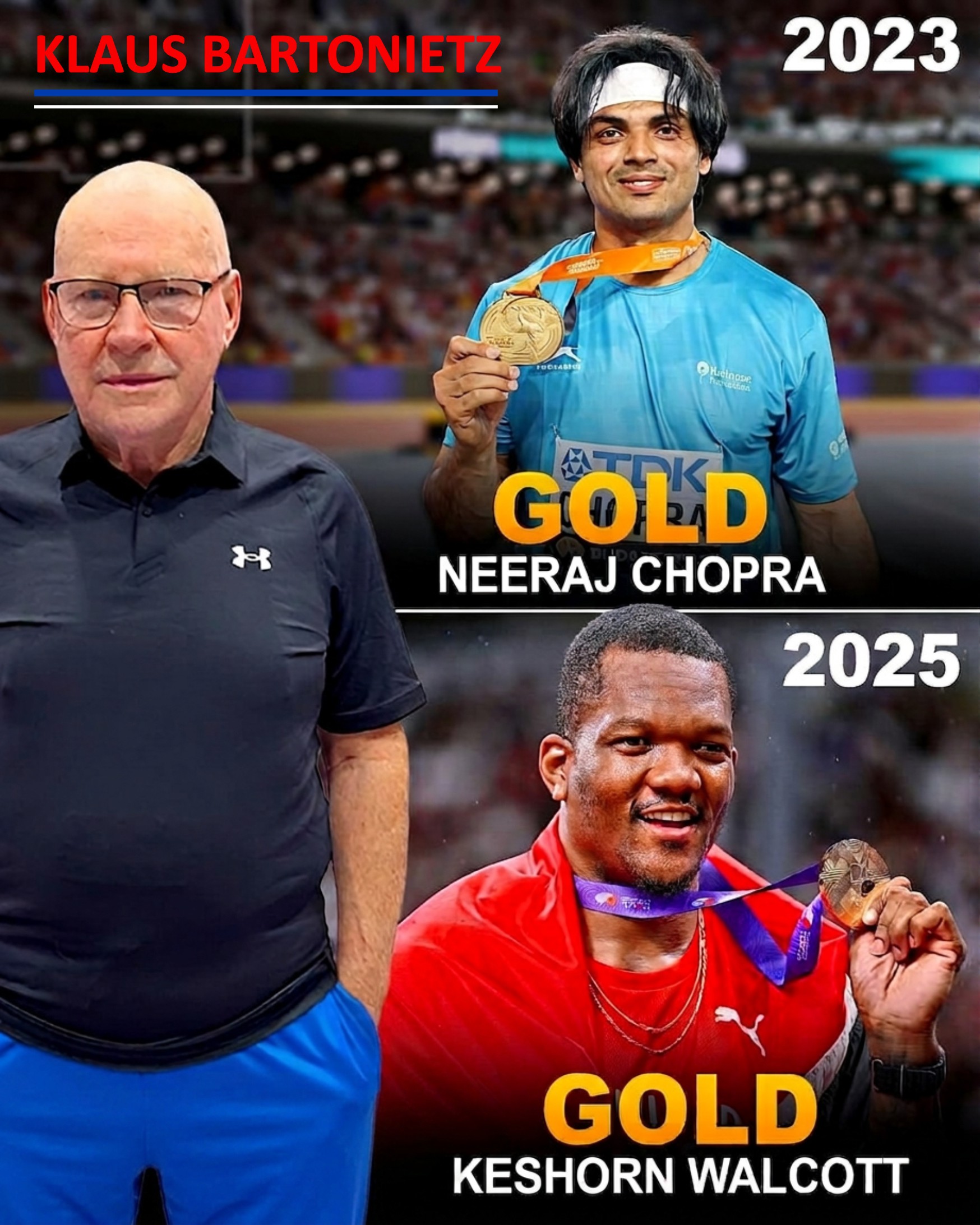 Klaus Bartonietz mit den Goldmedaillengewinnern Neeraj Chopra und Keshorn Walcott